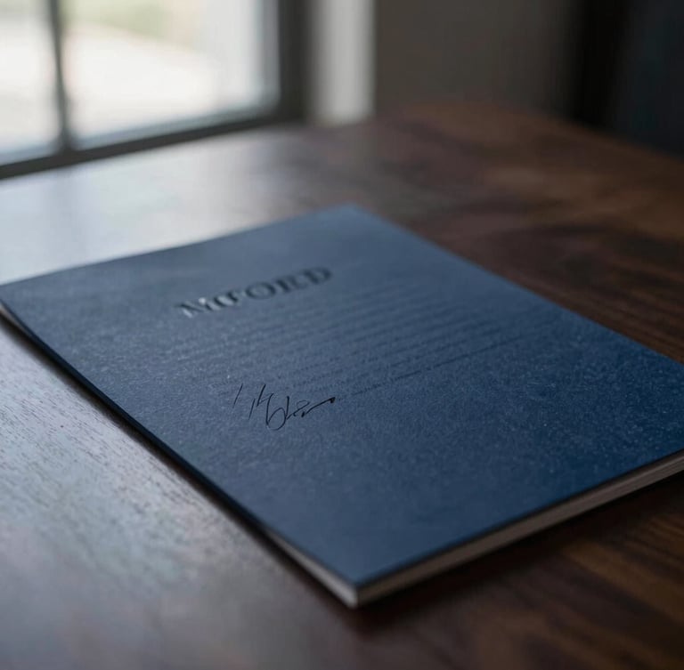 Close-up of a signed business contract on a dark wooden desk, soft side window light, deep navy tones, shallow depth of field, professional editorial photography