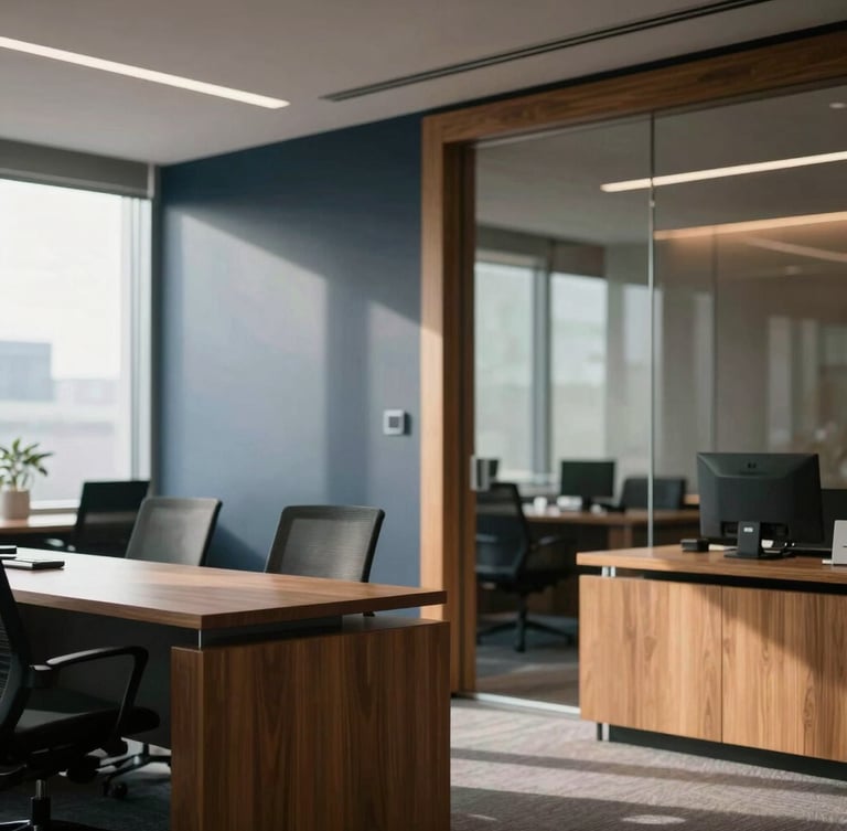 Modern corporate law office interior with warm wooden accents and glass walls, soft natural light, professional and serious atmosphere, 35mm lens
