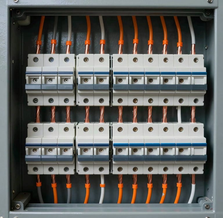 Symmetrical straight-on shot of a perfectly organized residential breaker panel, parallel copper wiring dressed in clean orange ties against a dark metal enclosure, sharp industrial lighting.