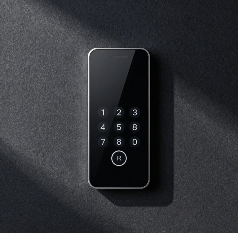 Straight-on symmetrical shot of a sleek modern smart home keypad mounted perfectly flush into a dark charcoal textured plaster wall, crisp natural light casting subtle shadows, minimal and precise architectural detail.
