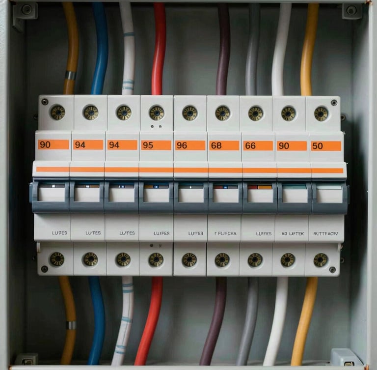 A close-up, symmetrical shot of a residential breaker panel with parallel, neatly dressed wires bent at perfect 90-degree angles, clean safety orange labels