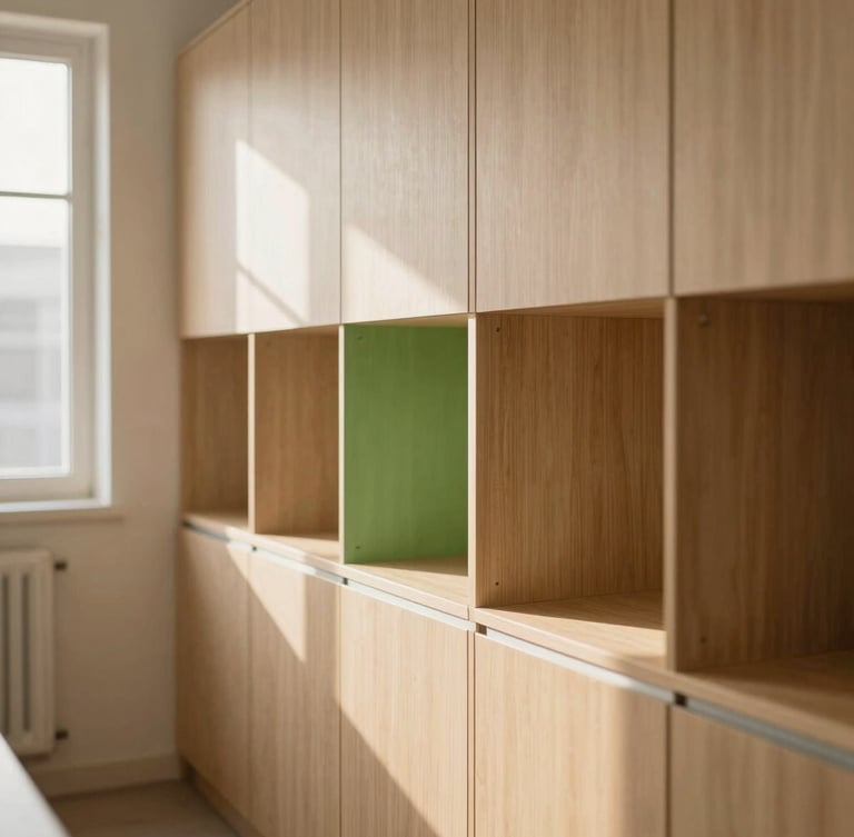 Sunlit interior of a modern shared pantry, clean wooden cabinets, minimalist design with beige and green accents, soft shadows, warm morning light, 35mm