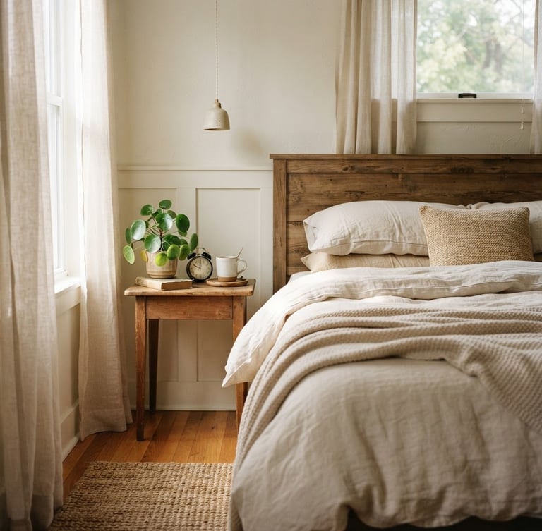 Warm editorial interior photography, soft morning window light filtering through sheer curtains onto a queen bed with clean beige linens, wooden side table with a small green plant, 35mm