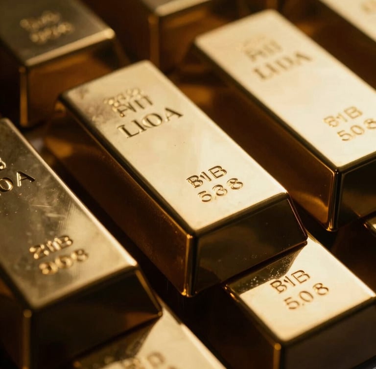 Macro close-up of physical gold bars stacked neatly, dramatic side-lighting casting deep shadows, golden reflections, premium texture, 35mm