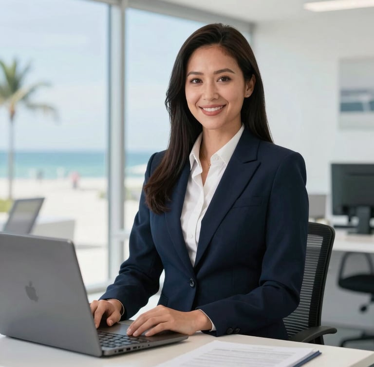 A professional insurance agent in a modern, clean Cape Coral office setting, bright natural coastal light, smiling confidently.