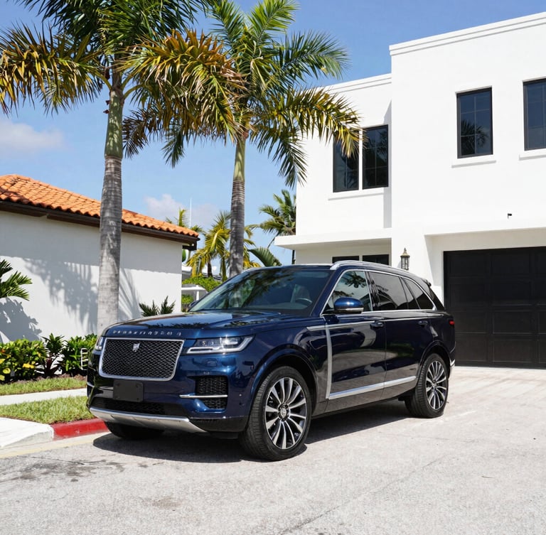 A luxury family SUV parked under palm trees near a modern Cape Coral waterfront home, bright clean coastal daylight, premium editorial photography