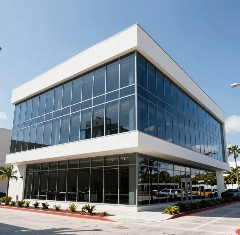 Wide panoramic shot of a premium modern office exterior in Cape Coral Florida, clean glass facade under bright coastal daylight, soft shadows, professional insurance-themed ambiance