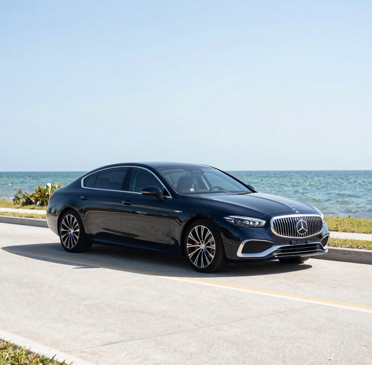 A sleek luxury sedan parked along a clean, sunlit Cape Coral coastal road during bright morning daylight, crisp editorial focus.