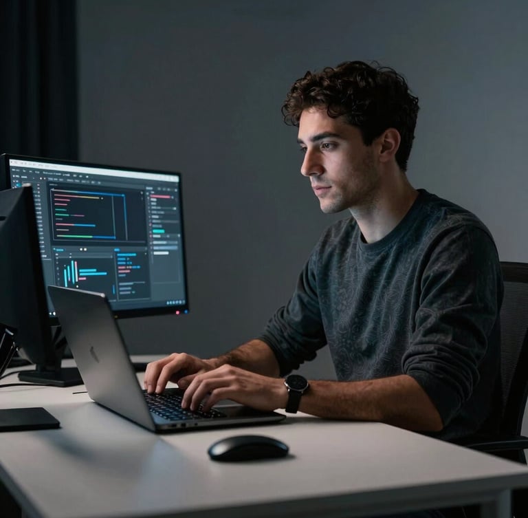 A professional, high-contrast portrait of a software engineer working at a clean desk in the Fès studio, cool-toned screen-glow highlighting their face, dark-mode editor visible on screen, sharp studio shadows.