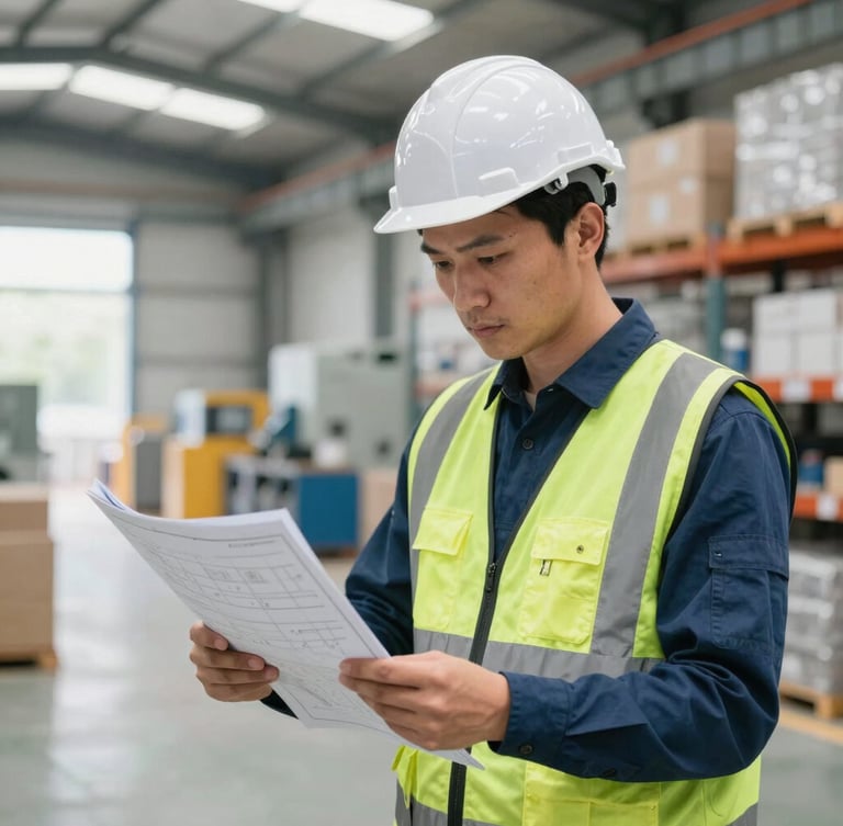 Professional industrial engineer in safety gear checking technical drawings in a bright factory warehouse, medium-close shot, 35mm lens.