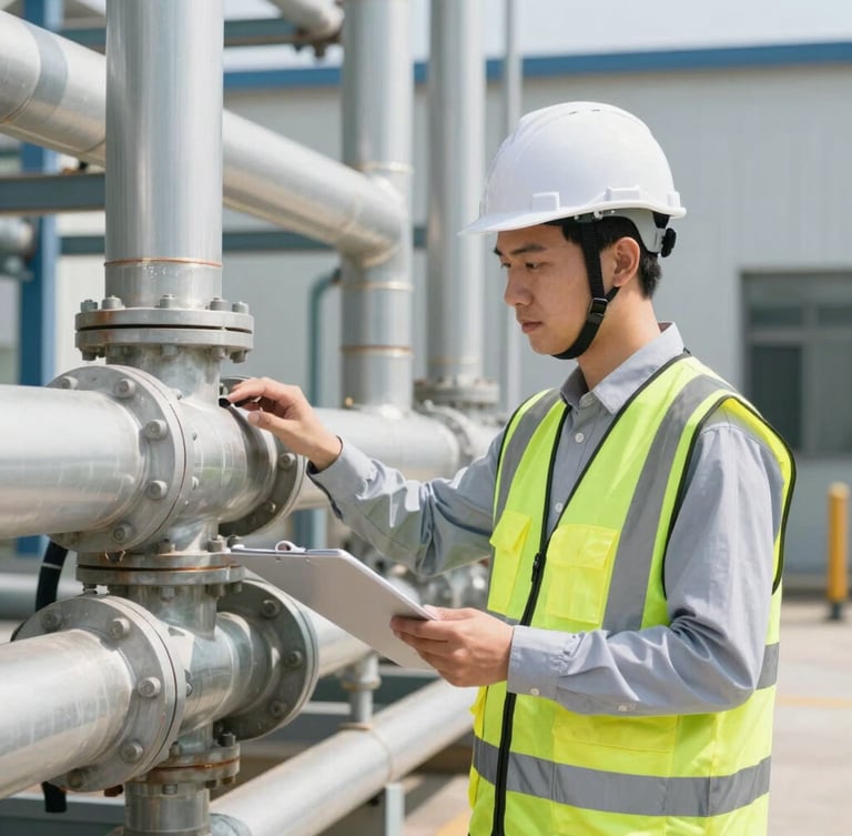 A professional engineer in a white hardhat and high-visibility safety vest inspecting an industrial piping system, bright natural daylight, realistic colors