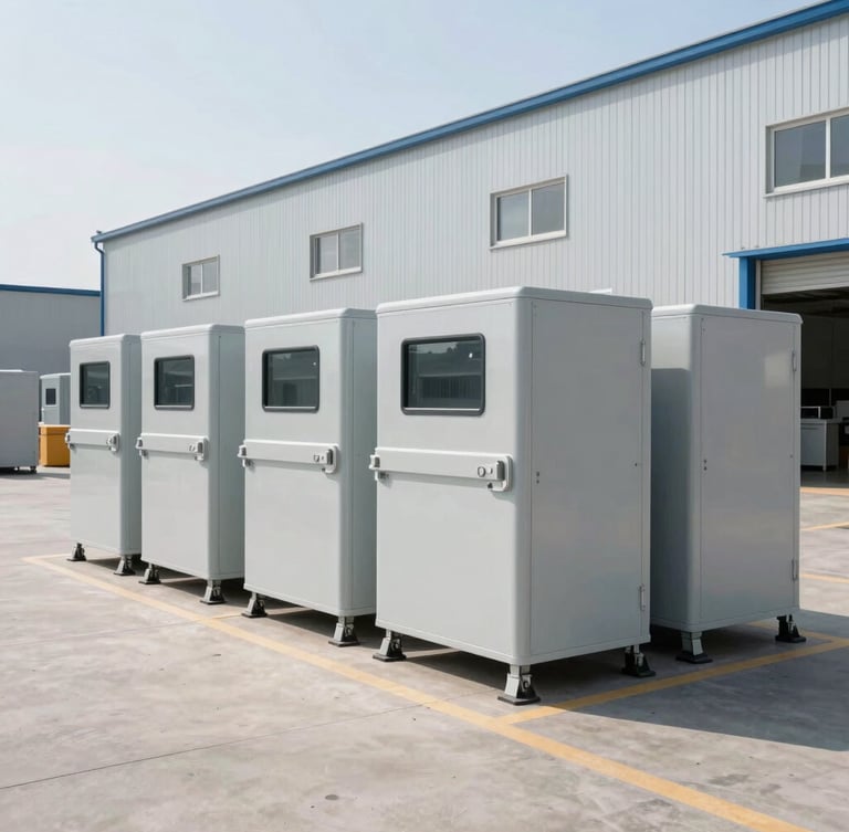 Wide-angle crisp corporate photography of a modern warehouse, clean industrial equipment stacked neatly, bright daylight, 35mm lens