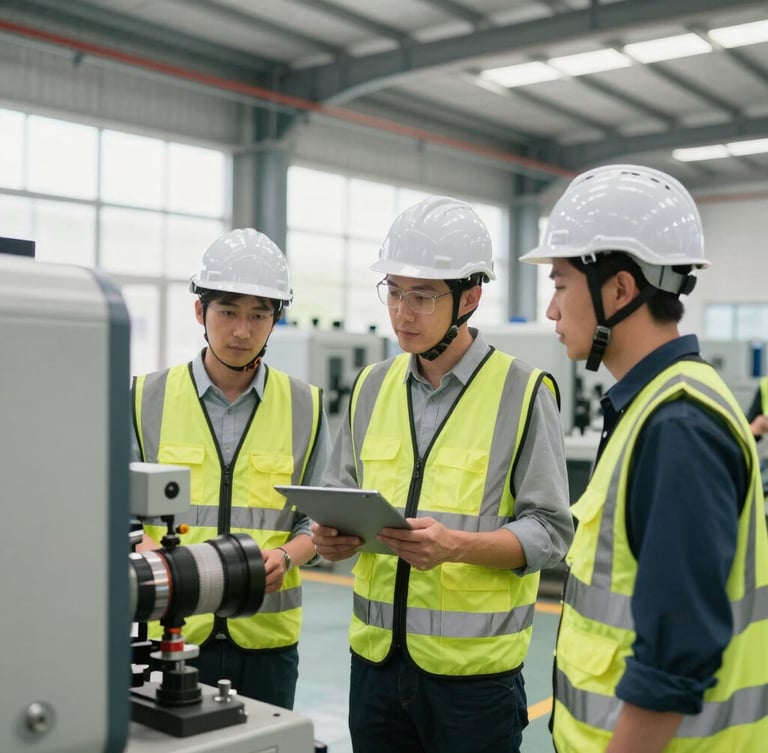 Medium shot of technical team wearing proper safety gear and helmets inspecting industrial machinery inside a bright, clean factory, professional corporate photography, 35mm lens