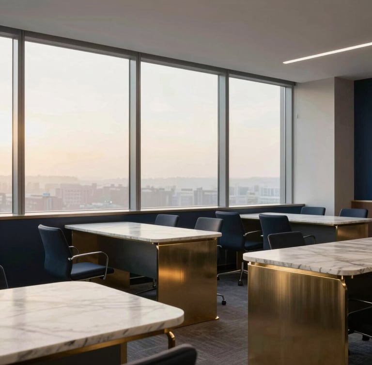 Minimalist corporate law office interior with marble tables and brushed steel accents, soft morning light filtering through high windows