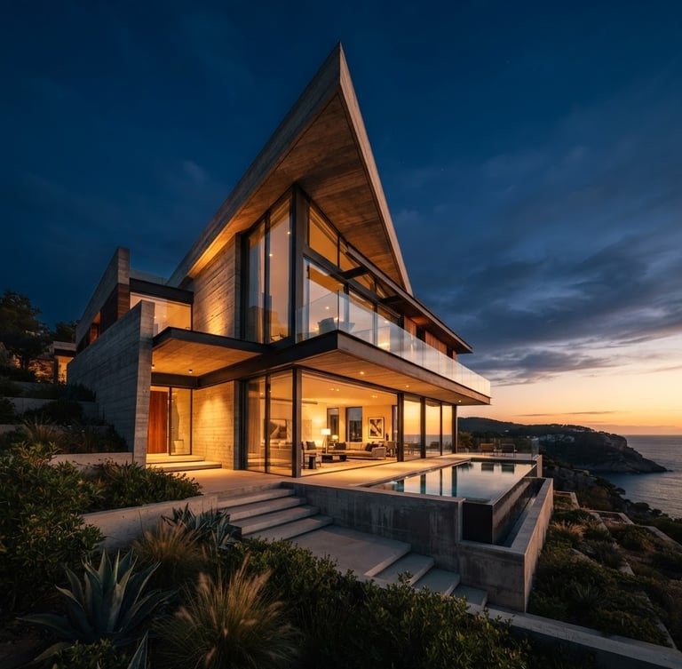 Low-angle architectural photograph of a modern luxury villa with sharp concrete lines and glass facades, reflecting warm golden hour light, deep navy sky background, 35mm lens, highly detailed.