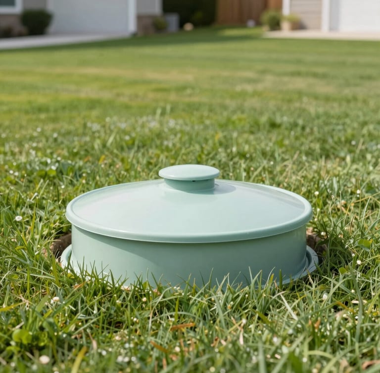 A neatly manicured suburban lawn with a subtle, modern biological wastewater treatment tank cover integrated seamlessly into the landscaping, bright natural daylight, clean pastel tones, shallow depth of field, 35mm