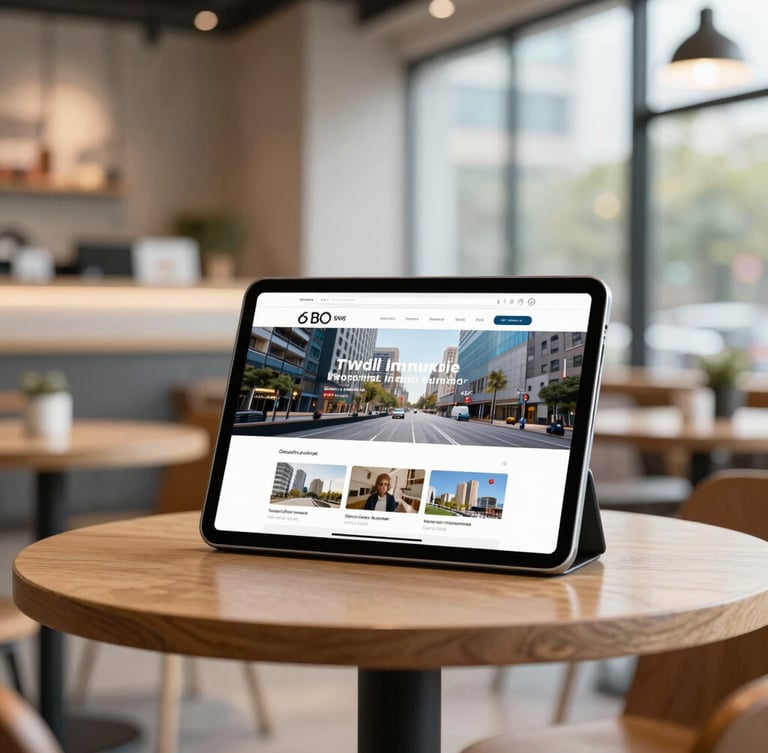 Heller, aufgeräumter Arbeitsplatz mit einem geöffneten Notizbuch, einem Füllfederhalter und einem Tablet, das ein klares Webdesign-Layout zeigt, natürliches Tageslicht von links.