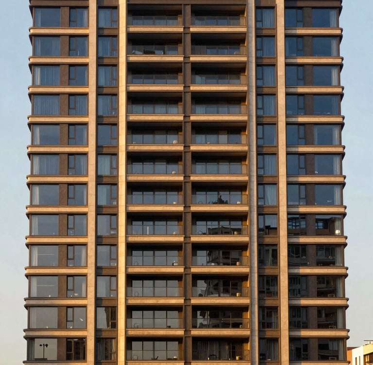 Elegant editorial architectural photograph of a modern high-end residential building facade in Bogotá, soft golden-hour daylight, rich navy and warm gold tones, sharp architectural focus, 35mm
