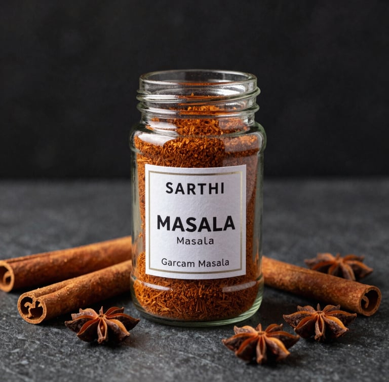 A premium glass jar of SARTHI MASALA Garam Masala standing on a dark stone counter, raw whole cinnamon and star anise scattered around, dramatic side-lighting, rich warm tones, premium editorial food photography.