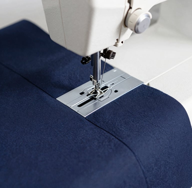 Macro close-up of heavy-duty sewing machine stitching a navy blue corporate jacket, bright natural daylight, sharp focus on textile weave, 35mm photography