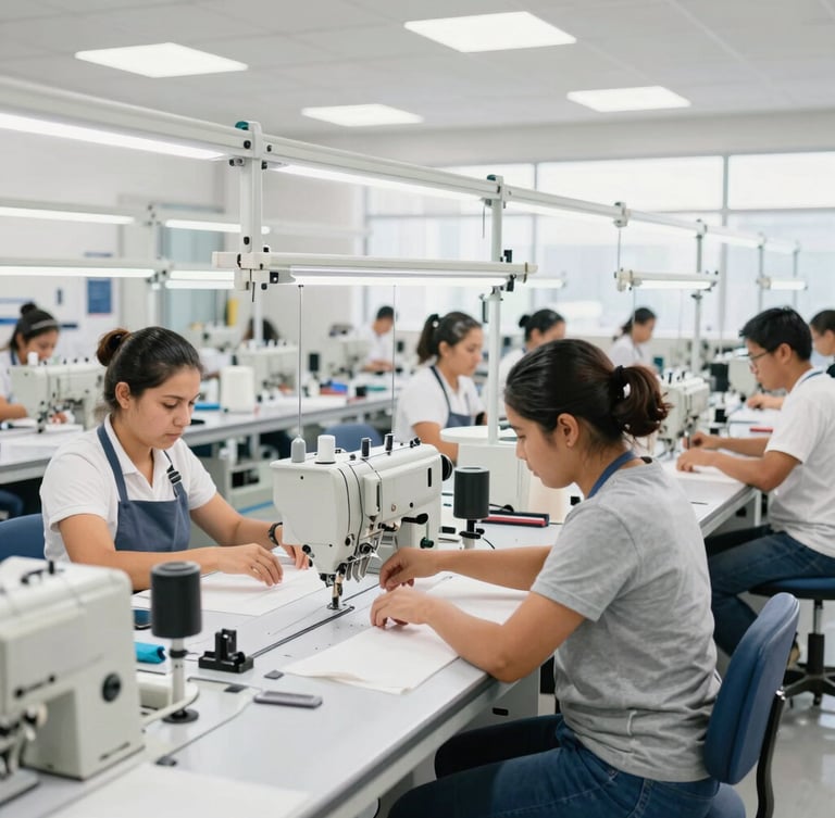 Wide shot of a clean, brightly lit modern textile factory floor in Mexico, skilled operators working on sewing lines, organized and professional environment, 35mm