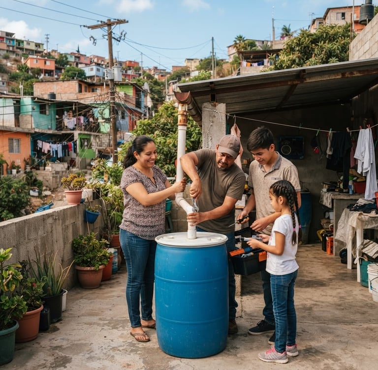 Medium shot of a Tijuana family installing a simple rainwater bucket system in their sunny patio, warm natural daylight, documentary style.