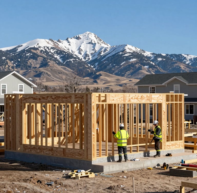 A professional Idaho building crew in clean safety gear working on an active residential framing site under crisp daylight, wide-angle structural shot, 35mm lens