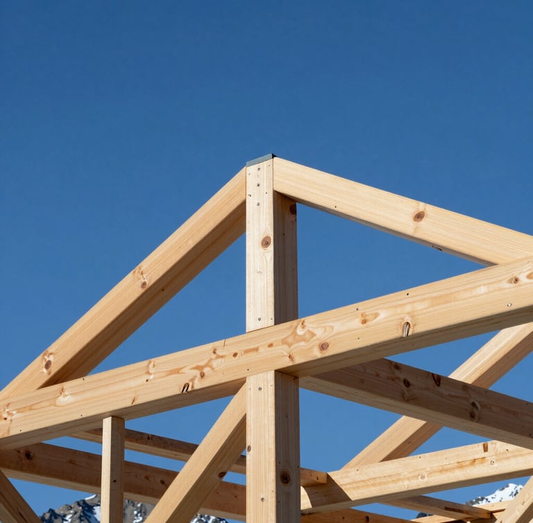 Crisp architectural photography of raw framing timber and exposed structural beams against a bright blue Idaho sky, sharp focus, high contrast, 35mm lens