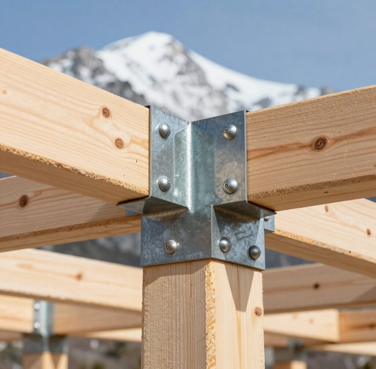 Close-up architectural photography of raw framing timber and heavy-duty steel joinery, bright natural mountain daylight, sharp focus, 35mm lens