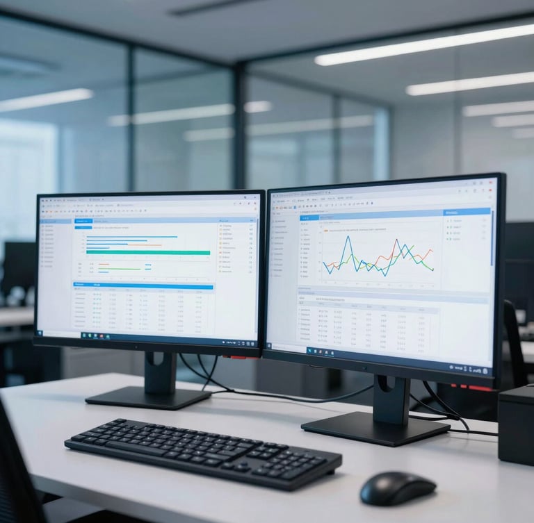 Sleek corporate photography of a dual-monitor developer setup showing clean, structured financial data algorithms, cool blue and white ambient light, sharp focus, 35mm