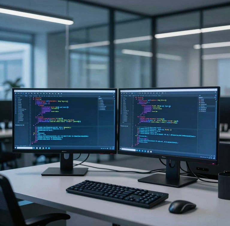 Sleek developer workstation setup with dual monitors showing glowing code structures, cool blue ambient lighting, sharp focus, 35mm photography