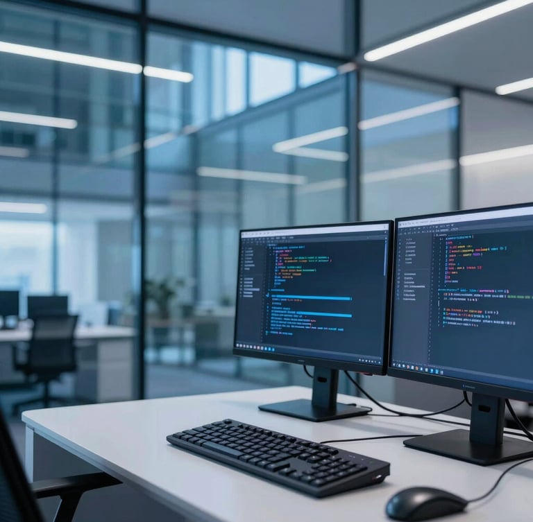 Sleek corporate photography, cool blue architectural lighting, modern glass office interiors, sharp focus, 35mm, developer setup with dual monitors showing clean code on the right