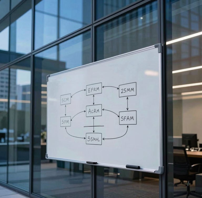 Modern glass office interior in Dallas at dusk, architectural blue lighting, whiteboard with technical system architecture diagrams, sharp focus, 35mm