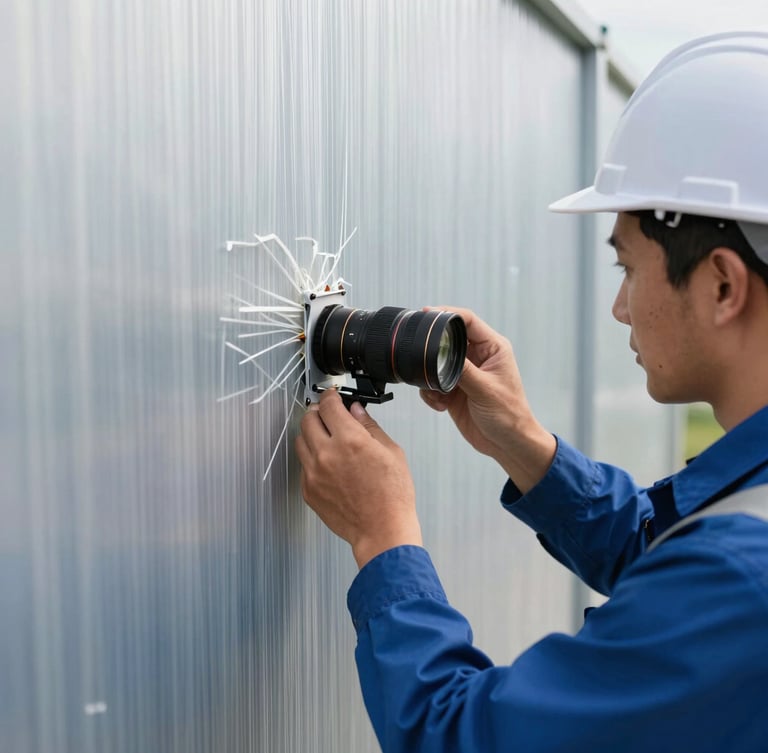 Close-up of a professional field engineer patching a high-density fiber panel, cool natural daylight, crisp details