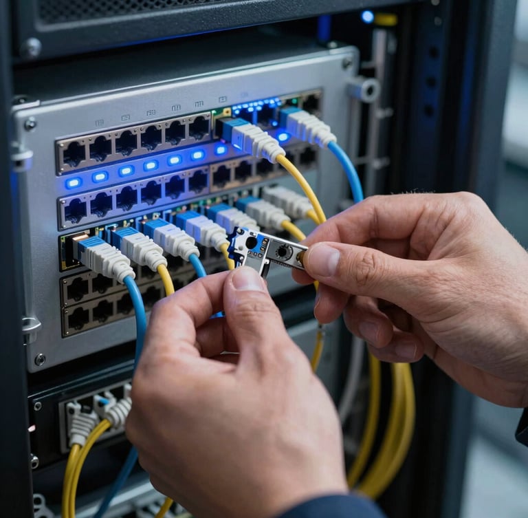 Close-up of a field engineer's hands patching a fiber optic cable in a server rack, cool blue LED status lights illuminating the ports.