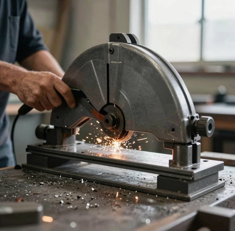Close-up of a craftsman's hands operating a heavy metal band saw in a dusty industrial workshop, sparks and metallic shavings, soft natural light from a high window
