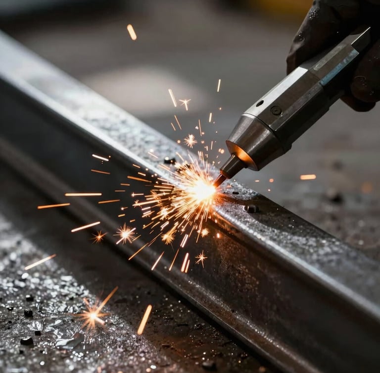 Close-up of bright orange sparks flying from a precision welding joint on a dark steel frame in a professional workshop, high-contrast dramatic natural light, raw industrial aesthetic