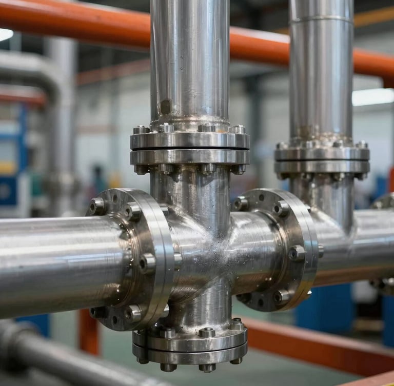 Close-up of industrial stainless steel pneumatic piping system with mechanical joints, clean factory background, 35mm lens