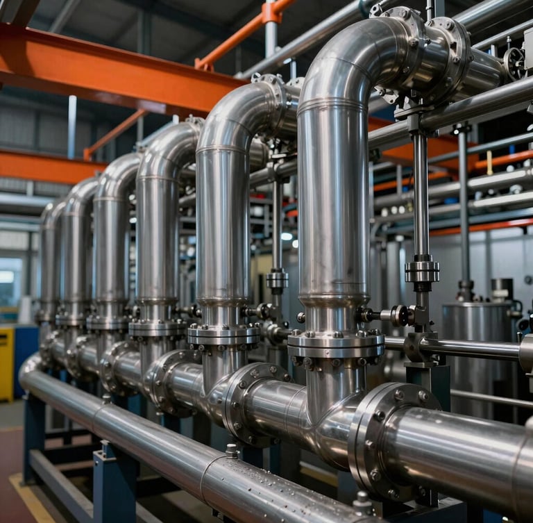 Wide industrial editorial photography, dramatic factory lighting with steel and safety orange tones, close-up of modern stainless steel pneumatic pipes in a clean food processing plant, 35mm lens