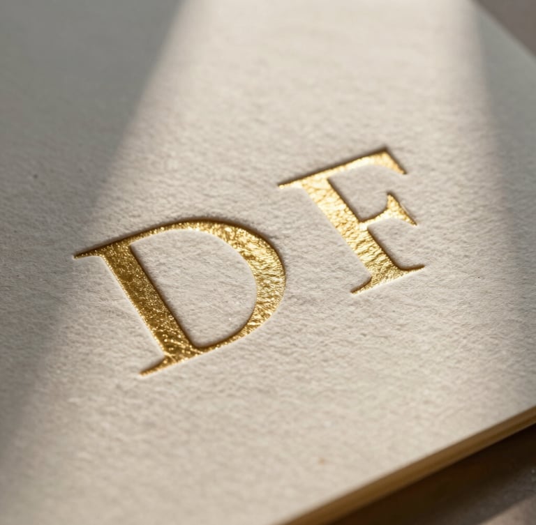 Extreme close-up of textured handmade paper with embossed foil lettering, soft morning light casting long gentle shadows across the cream surface.