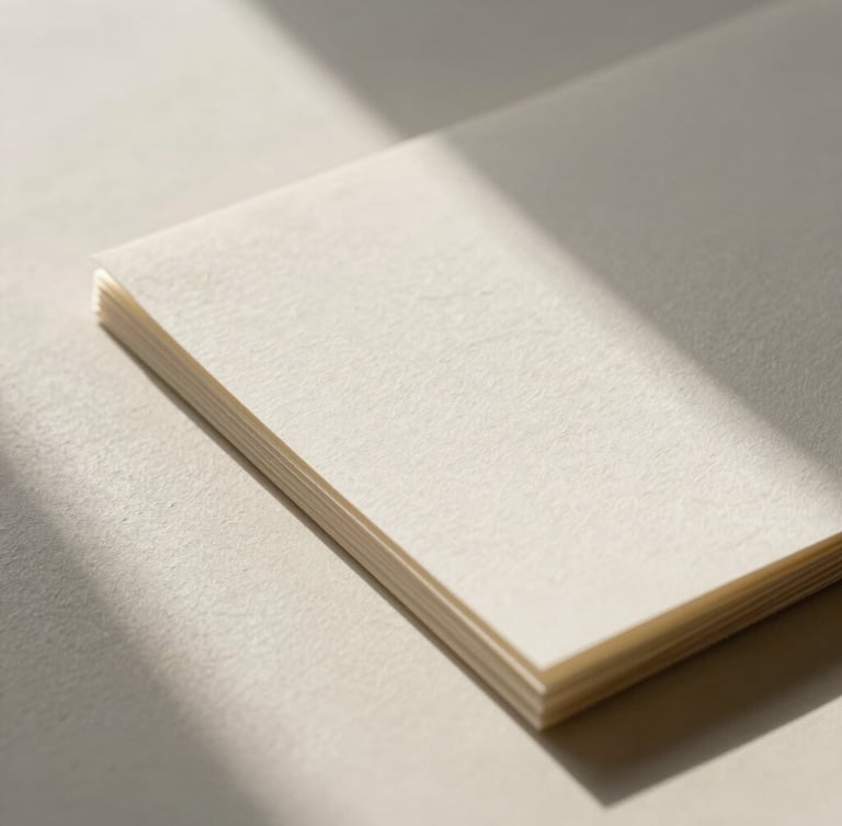 A close-up of textured handmade paper sheets stacked gently, casting long morning shadows on a soft cream plaster surface, minimalist and elegant.