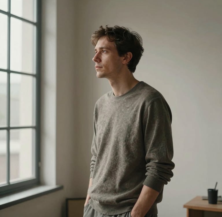 A quiet portrait of a creative director in a minimalist studio, soft side lighting from a tall window, neutral tones, thoughtful expression, warm shadows on a plaster wall.