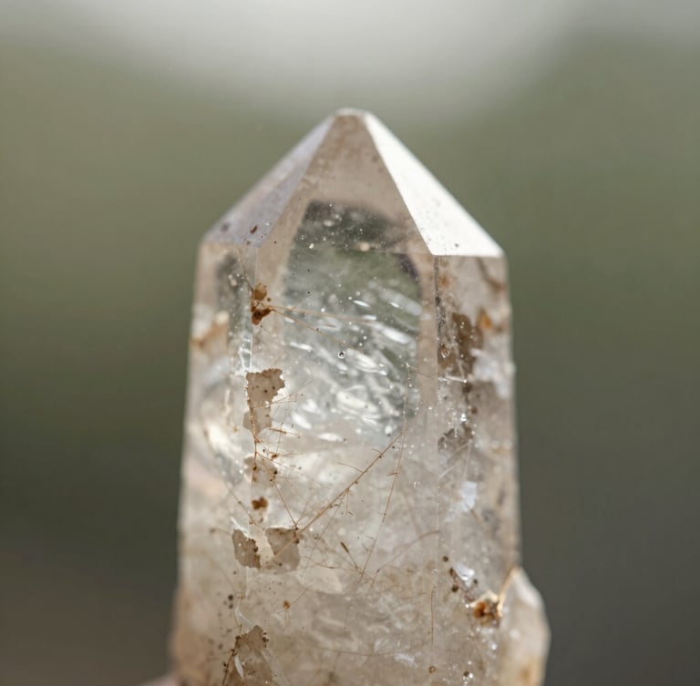 Close-up macro of a raw, clear quartz crystal showing natural fractures and mineral textures, illuminated by soft, diffused morning sunlight, minimalist composition, shallow depth of field, high-end editorial photography.