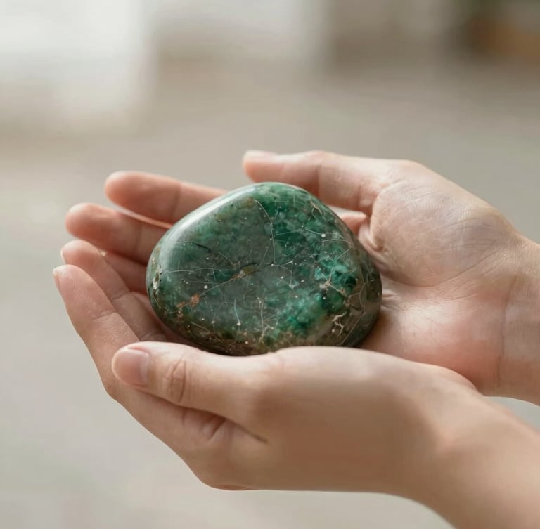 Intimate close-up of relaxed hands holding a smooth, raw forest-green stone, soft morning light, shallow depth of field, high-end editorial style