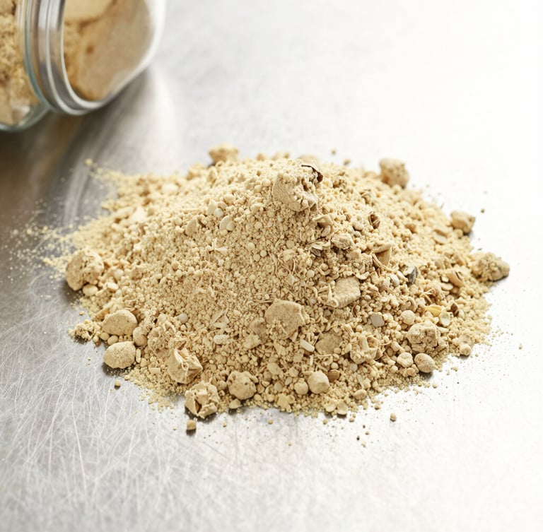 Close-up macro shot of dehydrated ginger powder on a clean stainless steel surface, bright industrial light, crisp details emphasizing texture and purity, professional commercial lens.