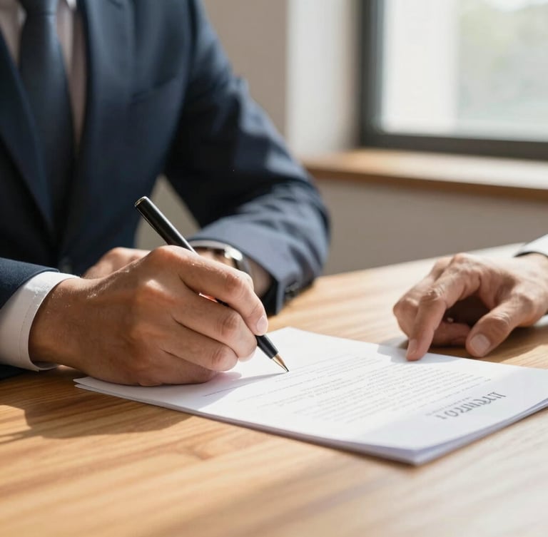 Close-up of hands signing documents on a warm wooden table, soft natural daylight filtering through a window, professional and calm atmosphere, shallow depth of field