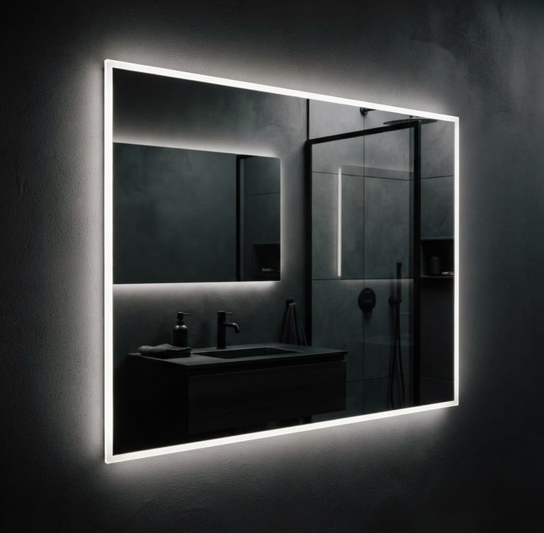 Macro close-up of a smart LED mirror emitting soft shadow-free white light, reflecting sharp architectural lines of a dark charcoal bathroom, 35mm