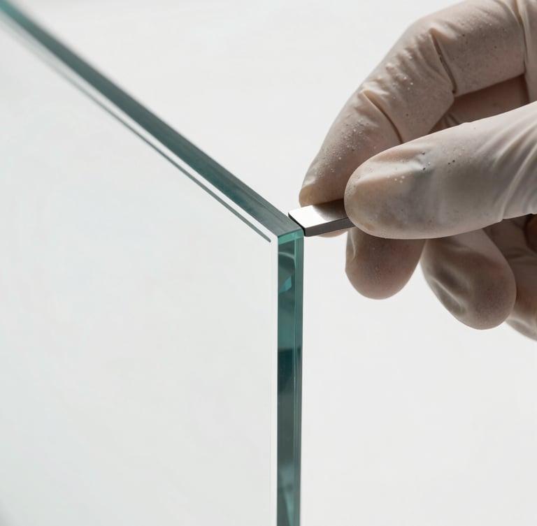 Extreme close-up of a diamond-polished glass edge being carefully aligned by a professional technician wearing safety gloves, clean reflections, bright natural daylight, architectural precision
