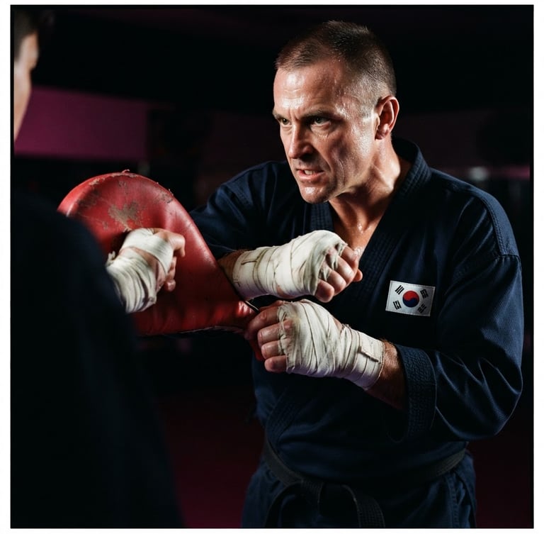 Dynamic close-up of a Taekwondo coach with wrapped hands, intense focus, high-contrast side lighting, deep black background with subtle fuchsia light, 35mm action freeze-frame