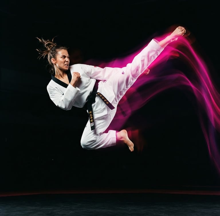 Dynamic low angle shot of a taekwondo athlete executing a high kick mid-air, dramatic high-contrast key lighting, deep black background with electric fuchsia light trails, sharp action freeze-frame, 35mm